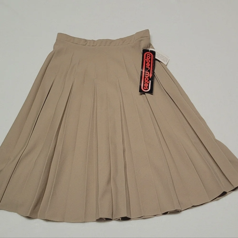 Deadstock Vintage 70s Caper-mates Stretchy Khaki Top-stitch Pleat Midi Skirt 12